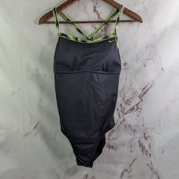 Nike Bathing Suit Womens Medium Black One Piece Open Back Neon Swim Padded - Picture 1 of 13